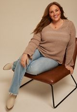 Plus Size Chenille Pointelle V Neck Sweater, C4399, small