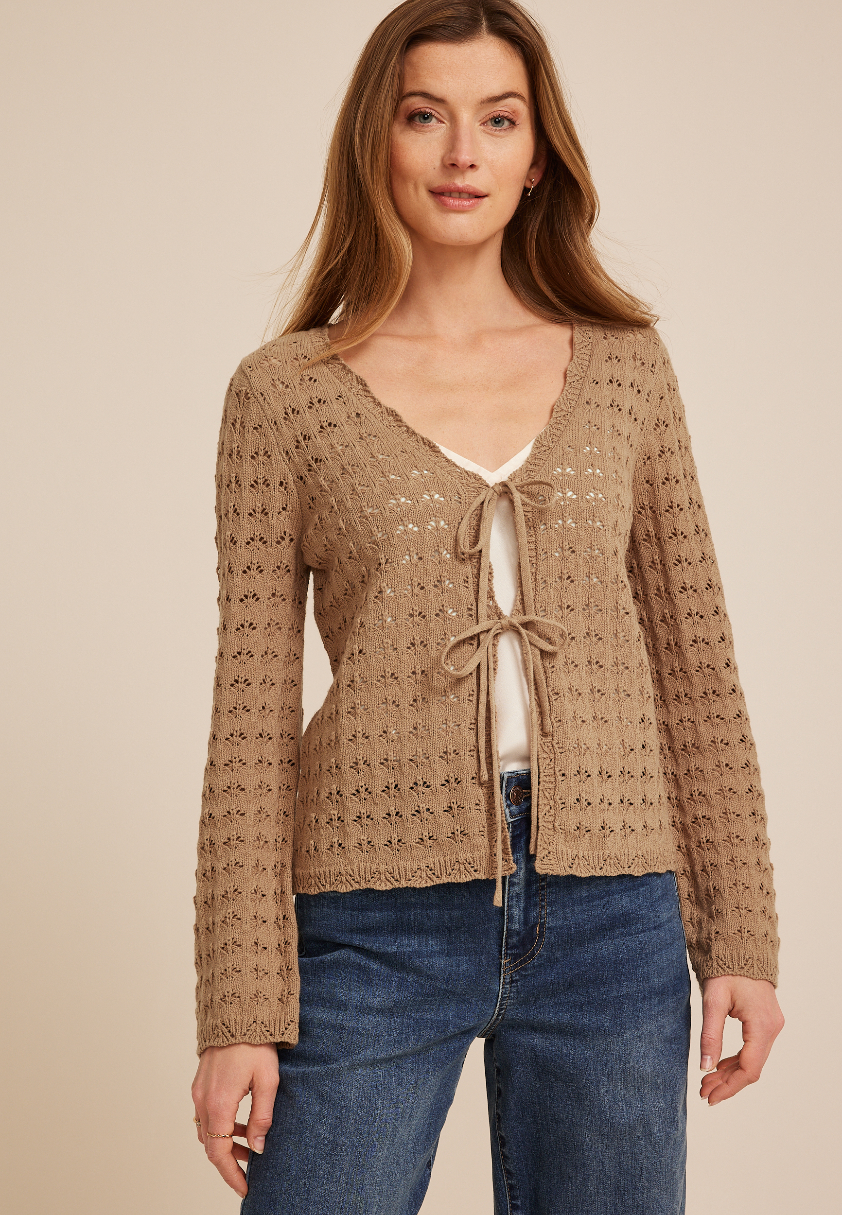 Tie Front Open Stitch Cardigan