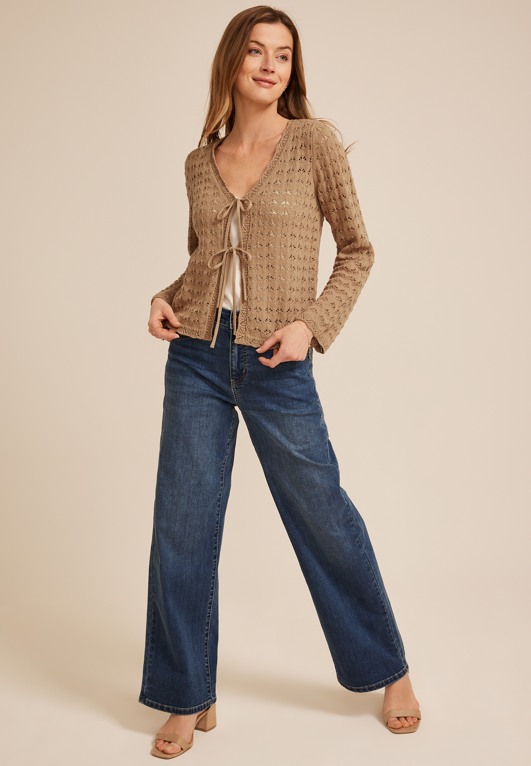 Tie Front Open Stitch Cardigan, C574, large
