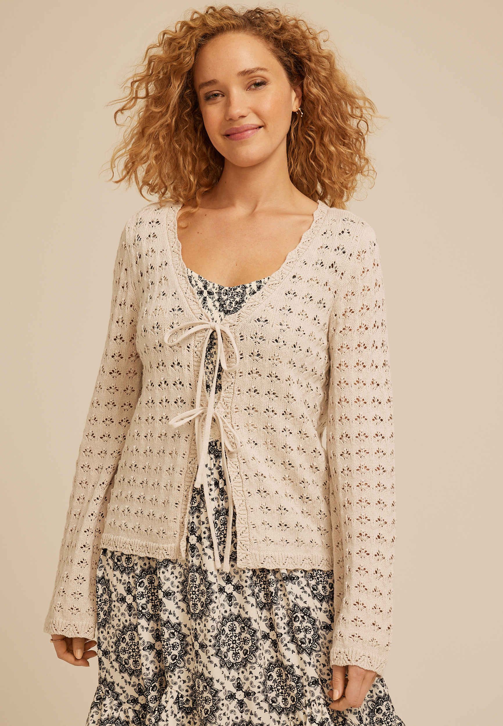Tie Front Open Stitch Cardigan, C999, large