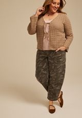 Plus Size Tie Front Open Stitch Cardigan, C574, small