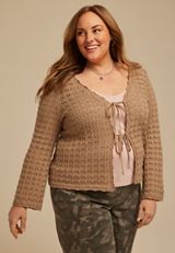 Plus Size Tie Front Open Stitch Cardigan, C574, small