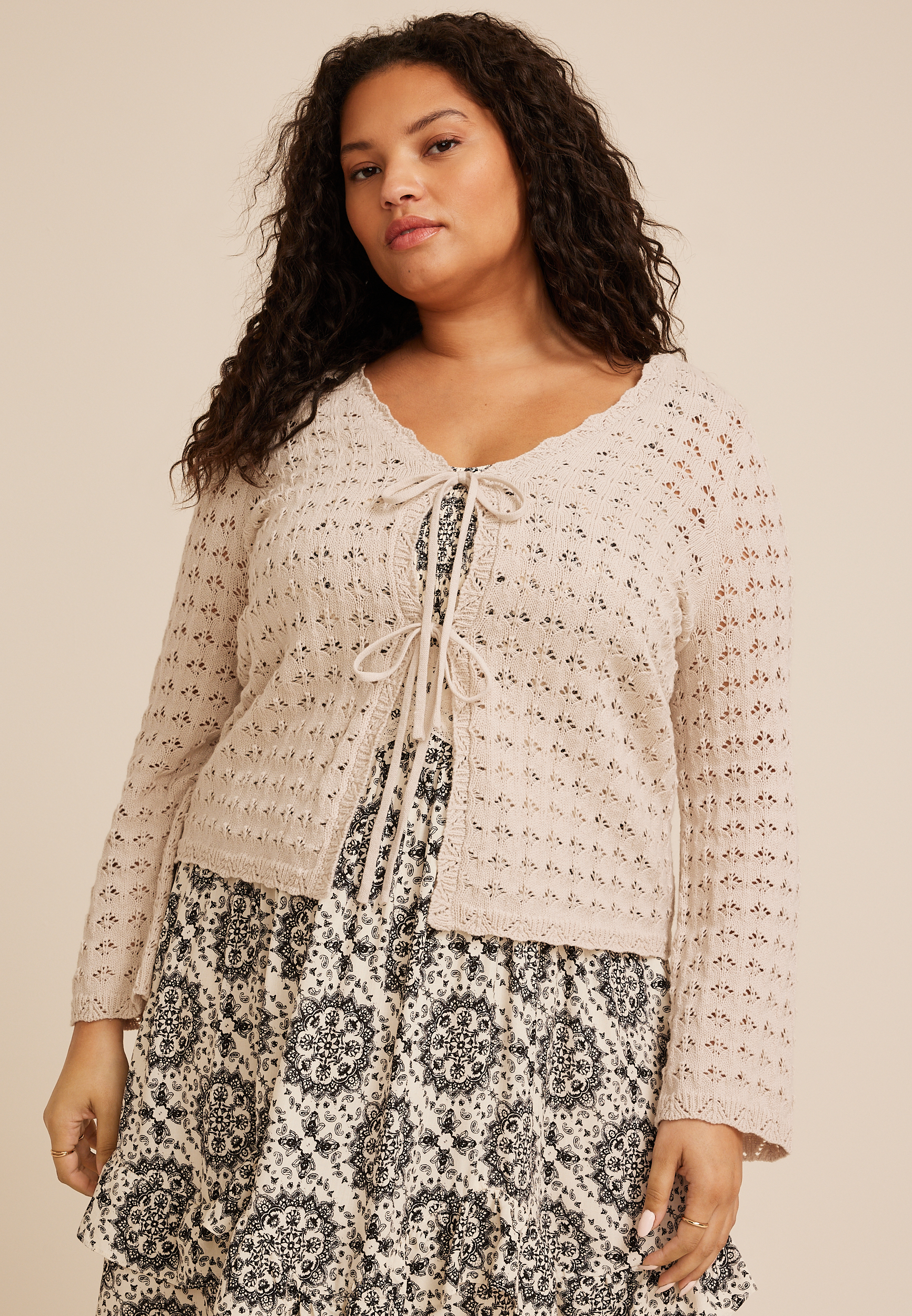 Plus Size Tie Front Open Stitch Cardigan