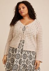 Plus Size Tie Front Open Stitch Cardigan, C999, small