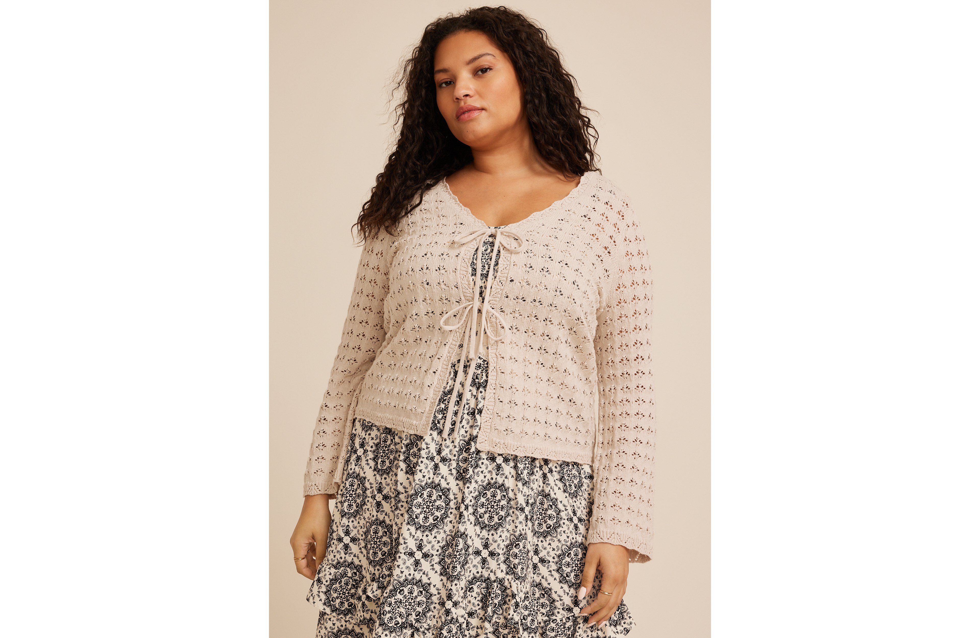 Plus Tie Front Open Stitch Cardigan