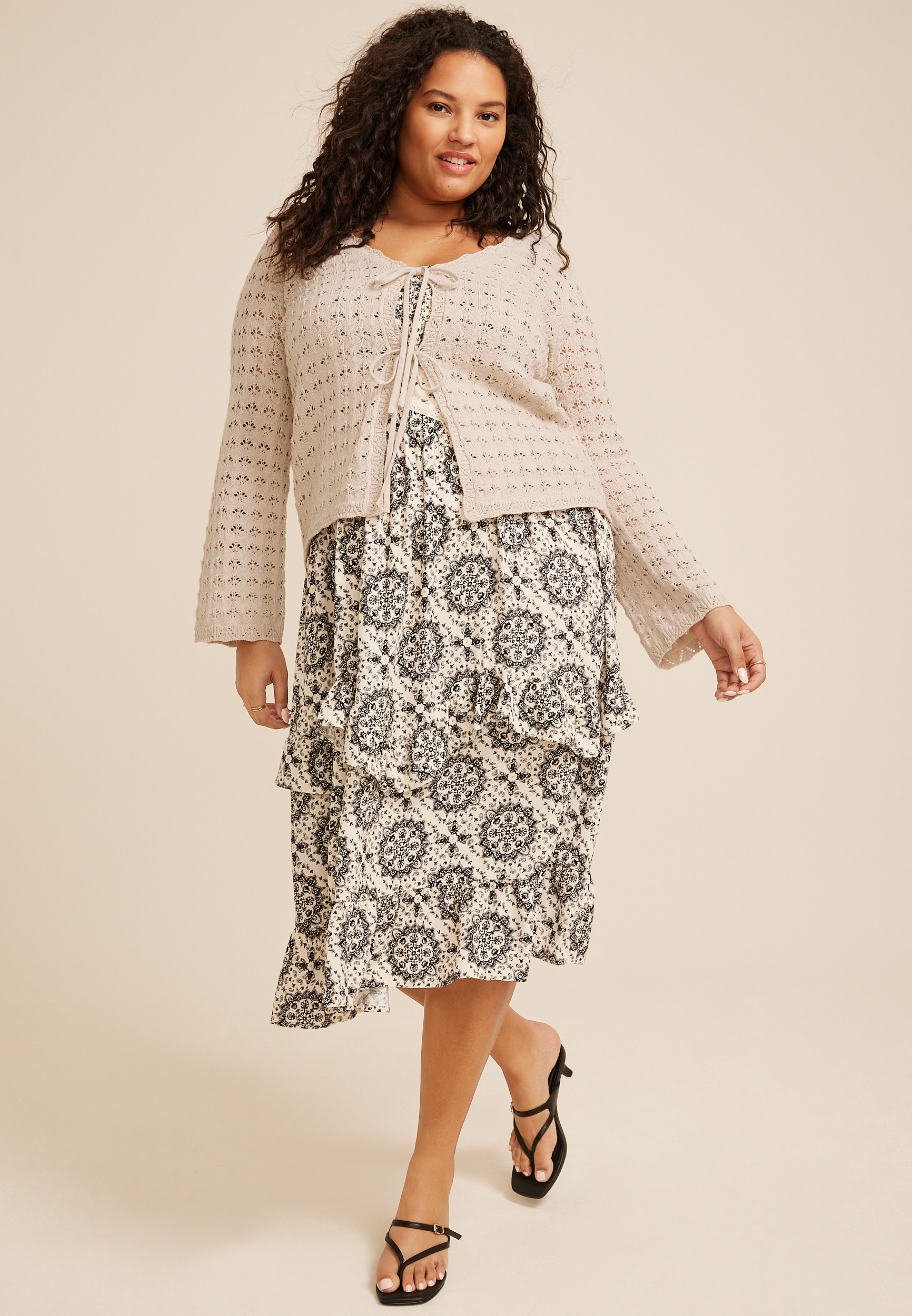 Plus Tie Front Open Stitch Cardigan