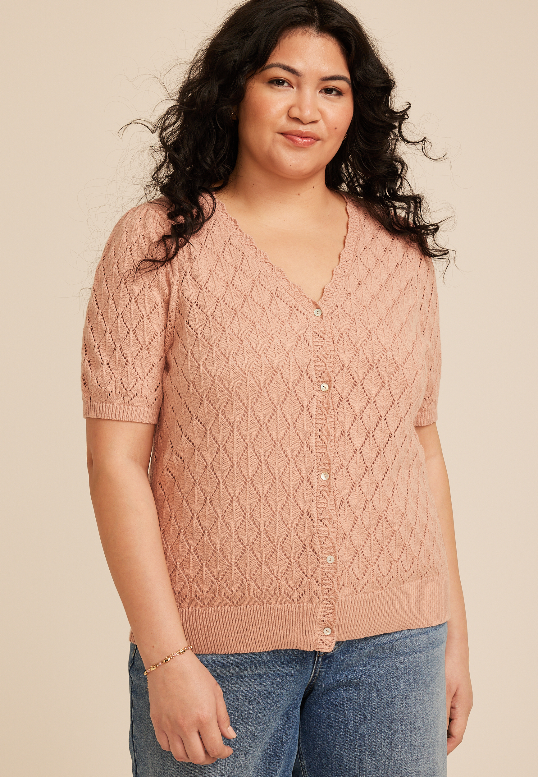 Plus Size Pointelle V Neck Button Front Cardigan
