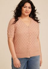 Plus Size Pointelle V Neck Button Front Cardigan, C9369, small