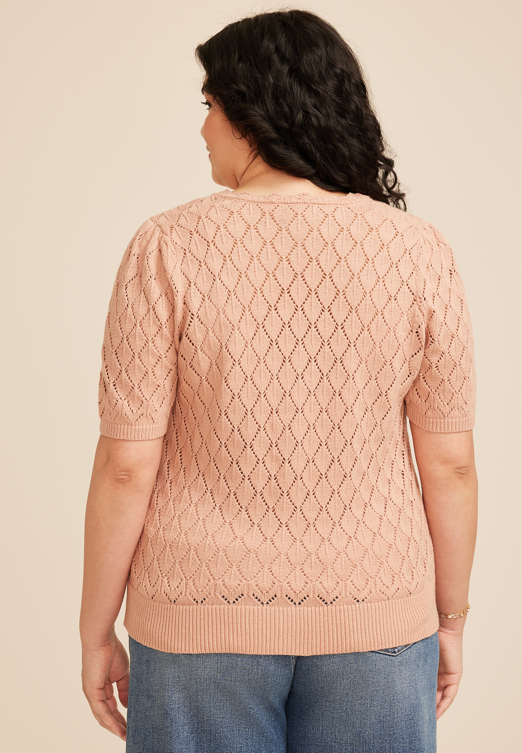 Plus Size Pointelle V Neck Button Front Cardigan, C9369, large