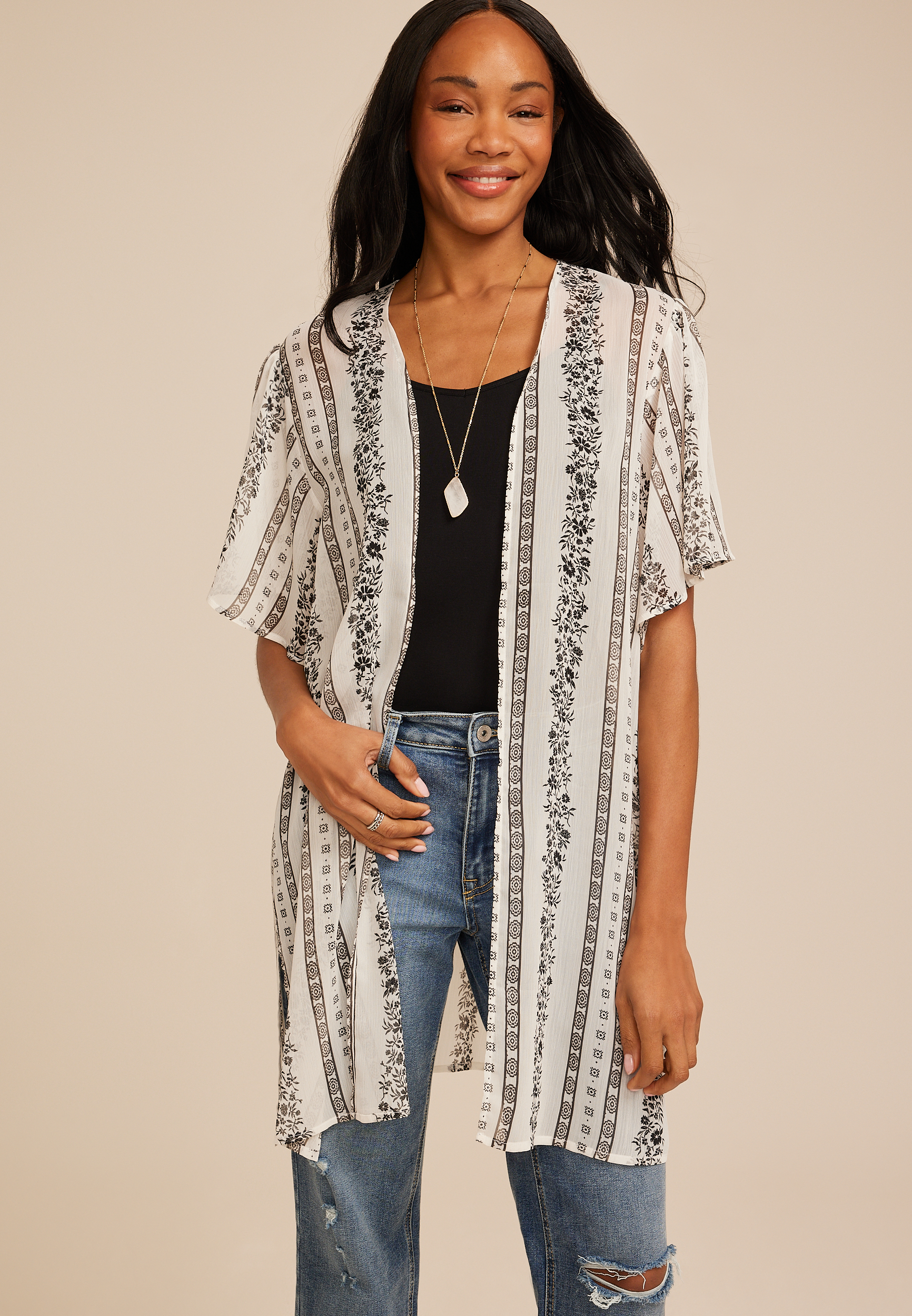 Black And White Printed Kimono