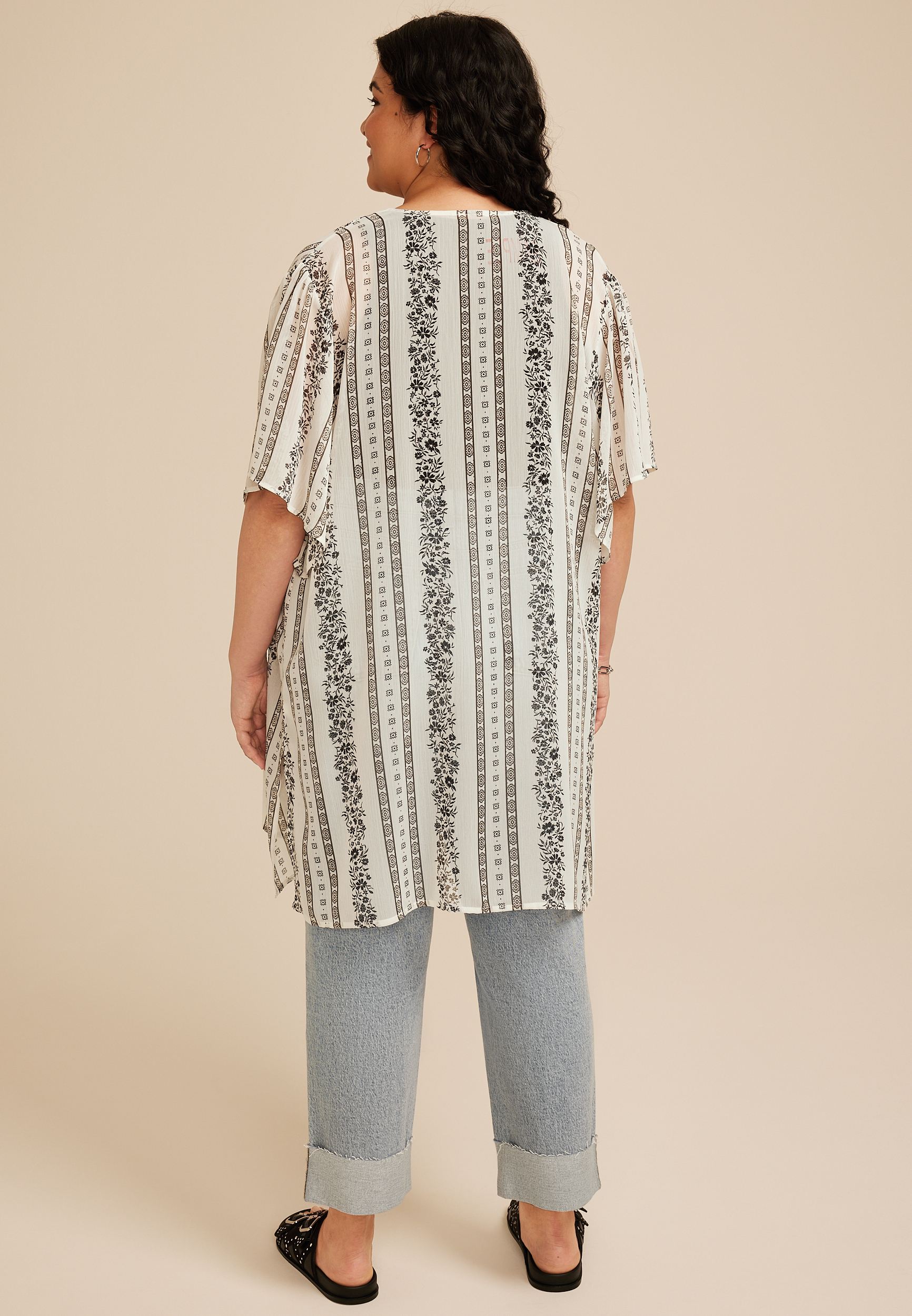 Plus Size Black And White Printed Kimono, C5487, large
