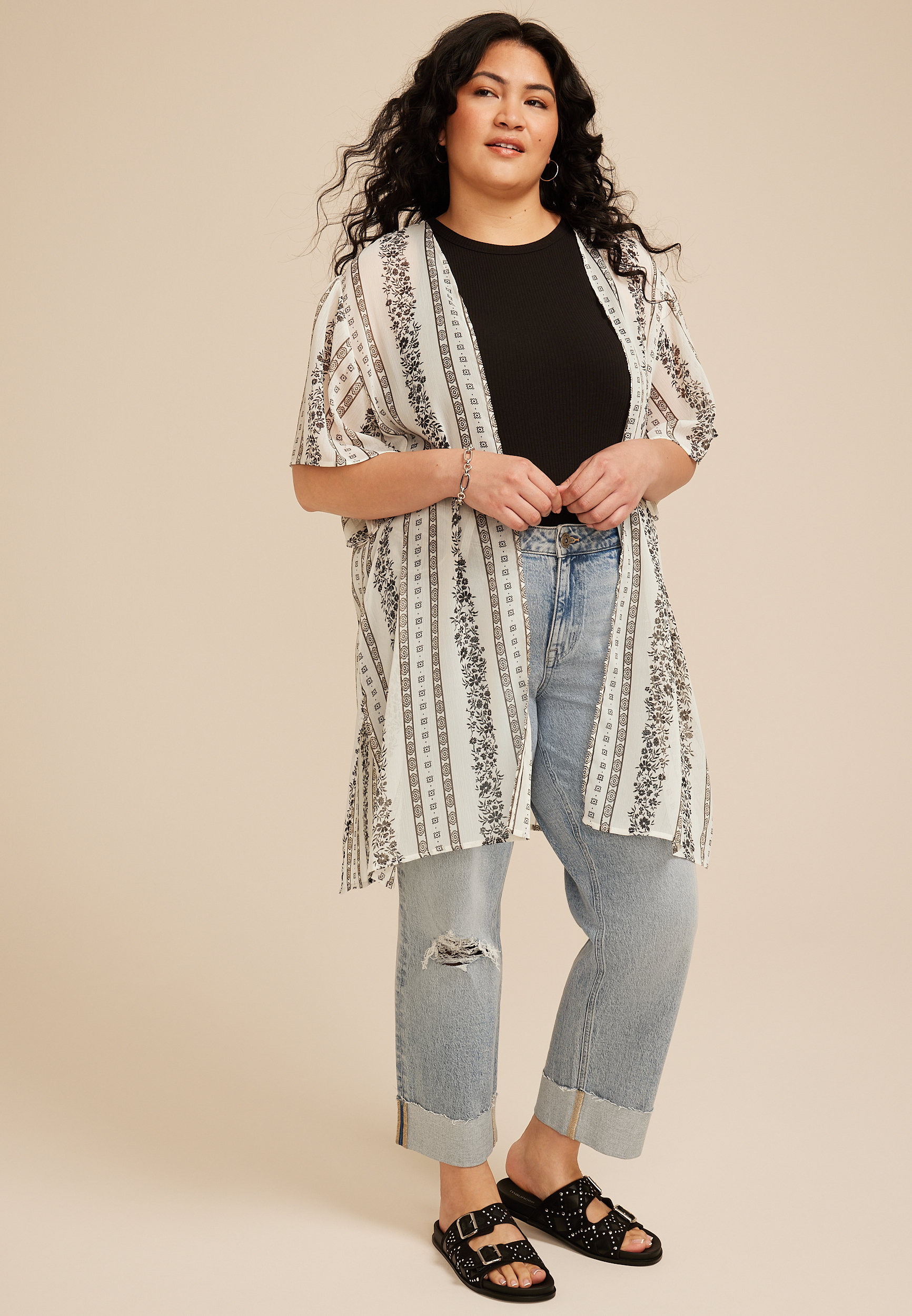 Plus Size Black And White Printed Kimono, C5487, large