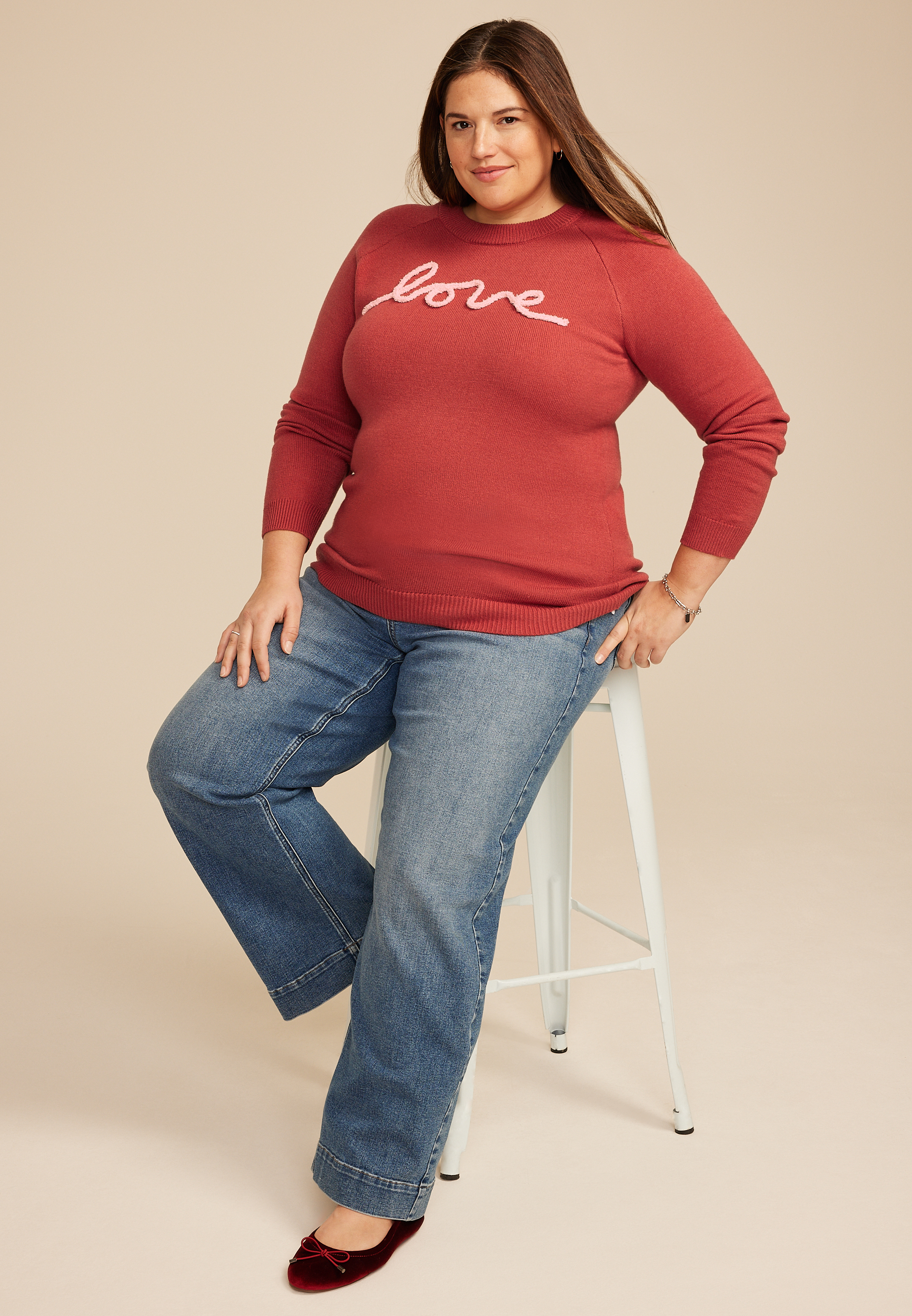 Plus Size Love Script Sweater, RED EARTH COMBO, large