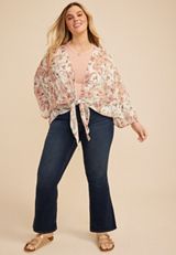 Plus Size Floral Chiffon Tie Front Kimono, C5487, small