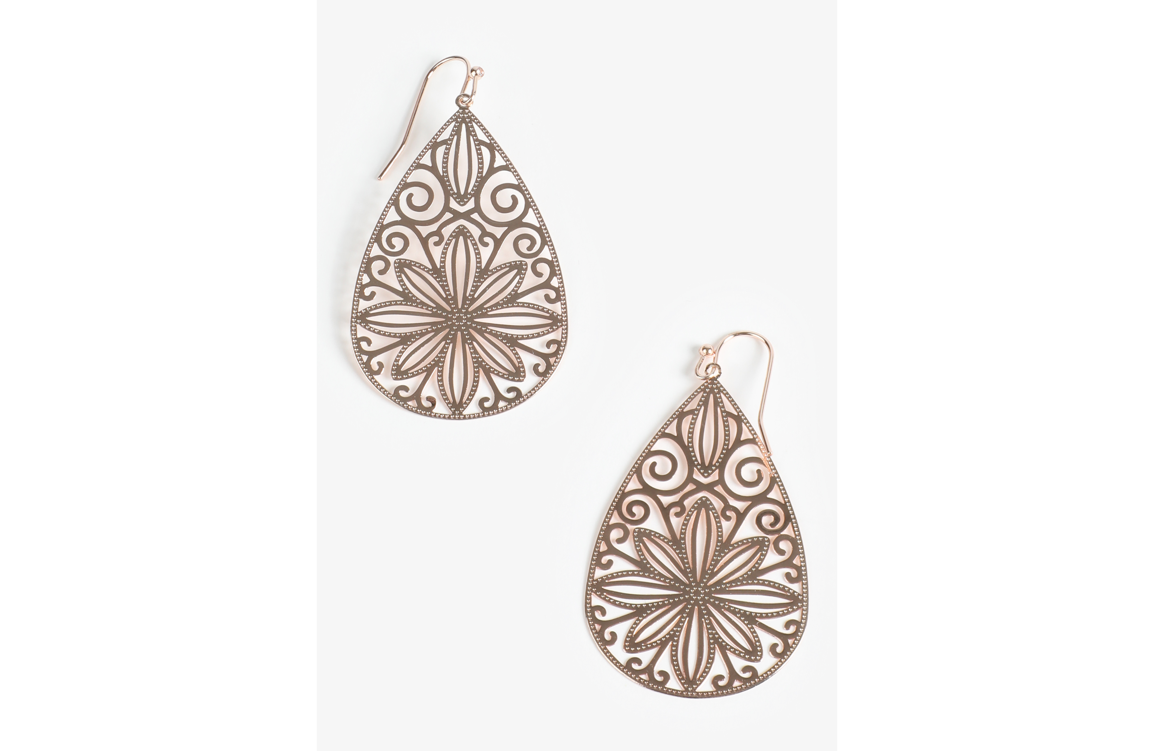Rose Gold Floral Filigree Drop Earrings