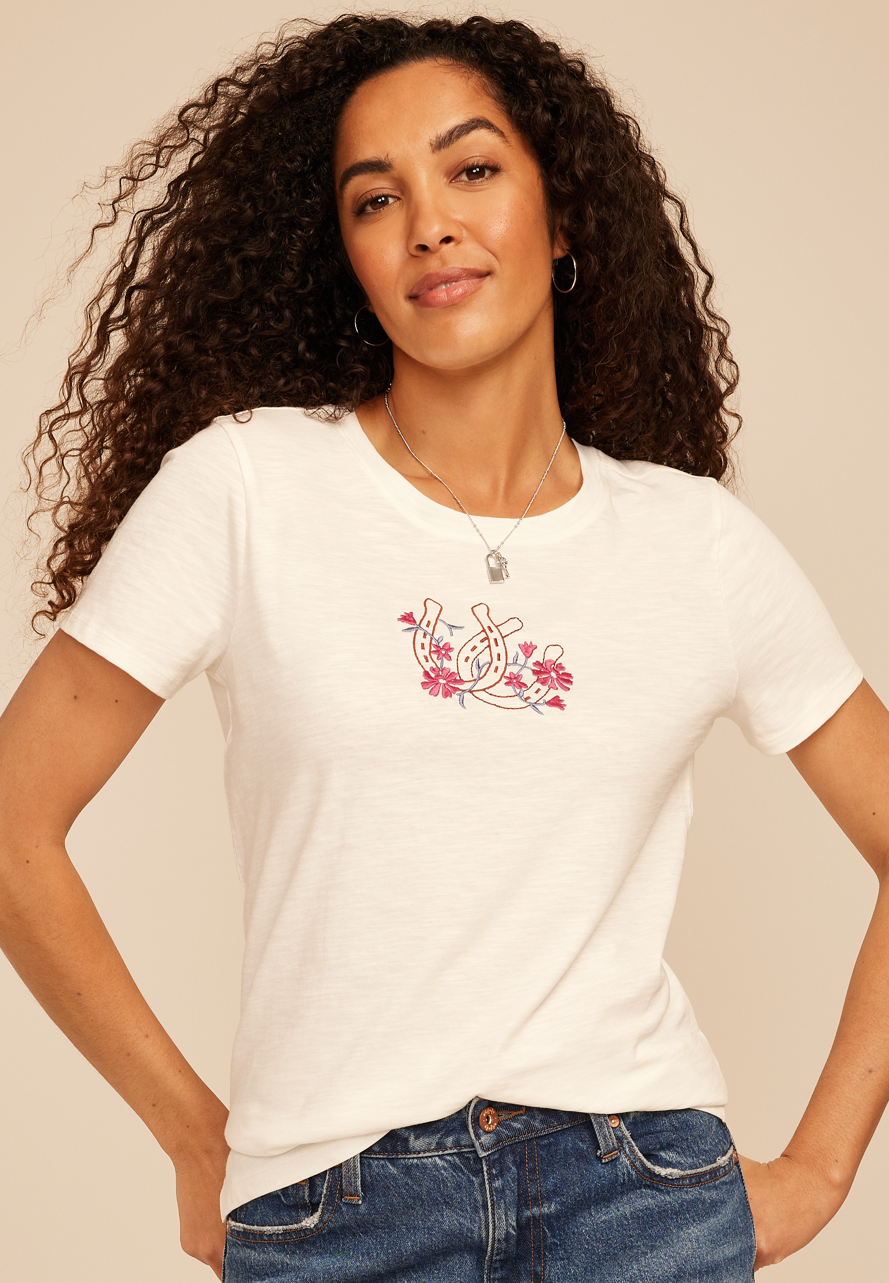 Floral Horseshoe Embroidered Classic Fit Graphic Tee