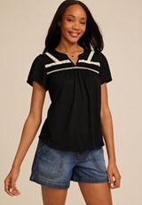 Crochet Trim Gauze Blouse, BLACK, small