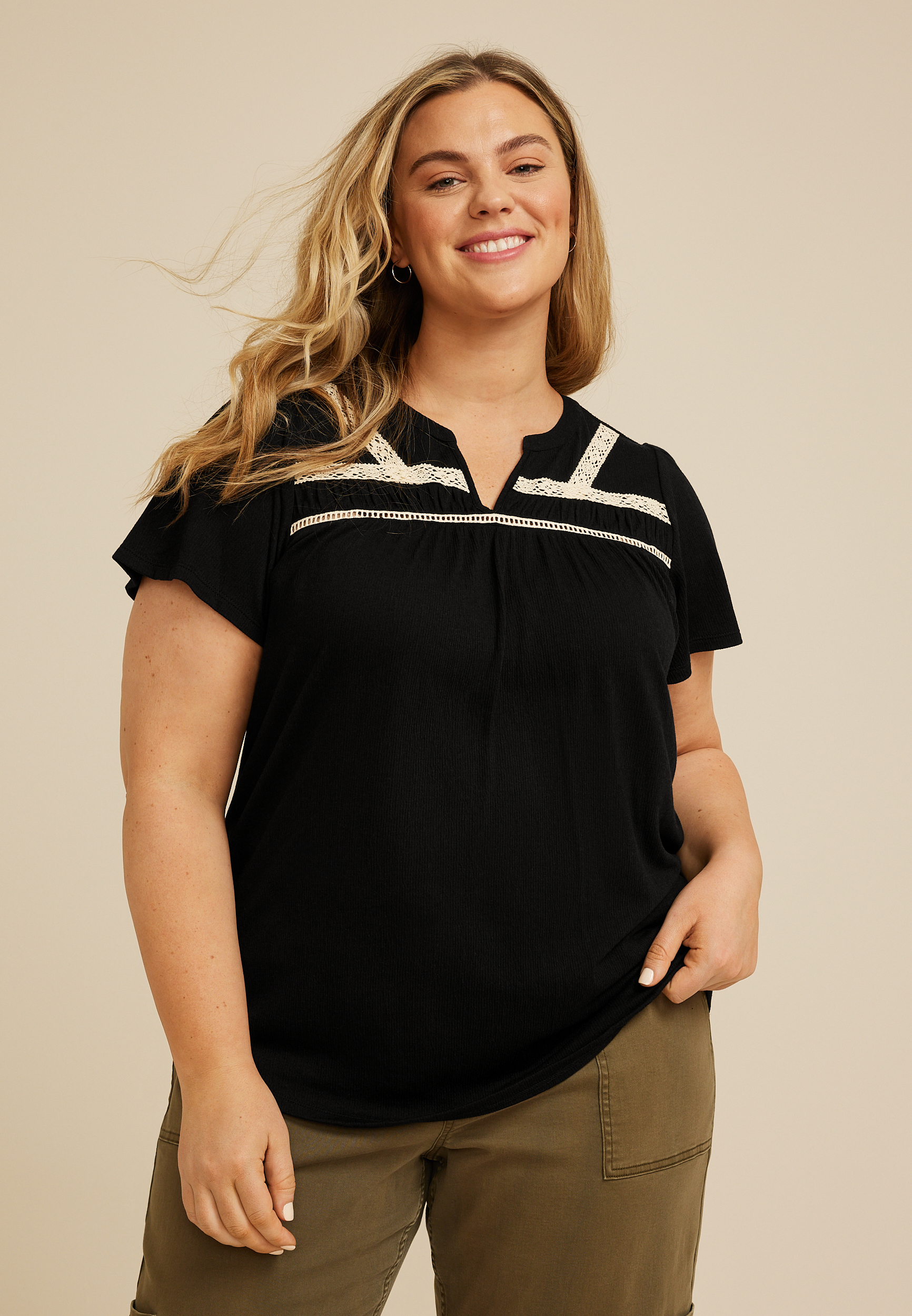 Plus Size Crochet Trim Gauze Blouse