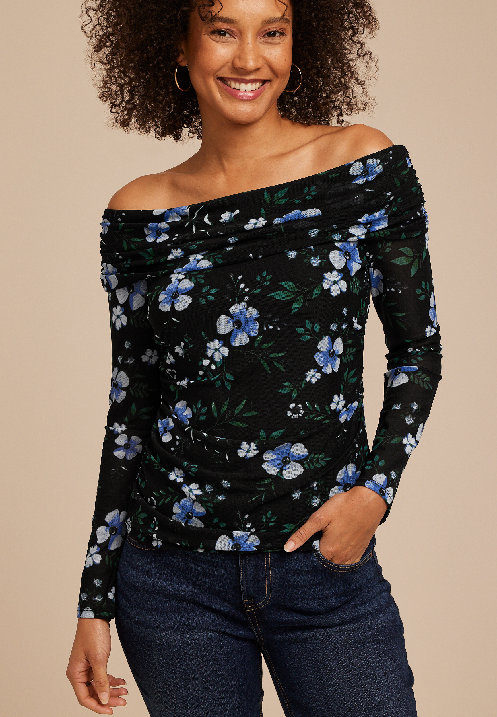 Floral Mesh Off Shoulder Long Sleeve Top
