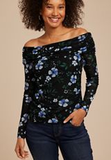 Floral Mesh Off Shoulder Long Sleeve Top, C1524, small