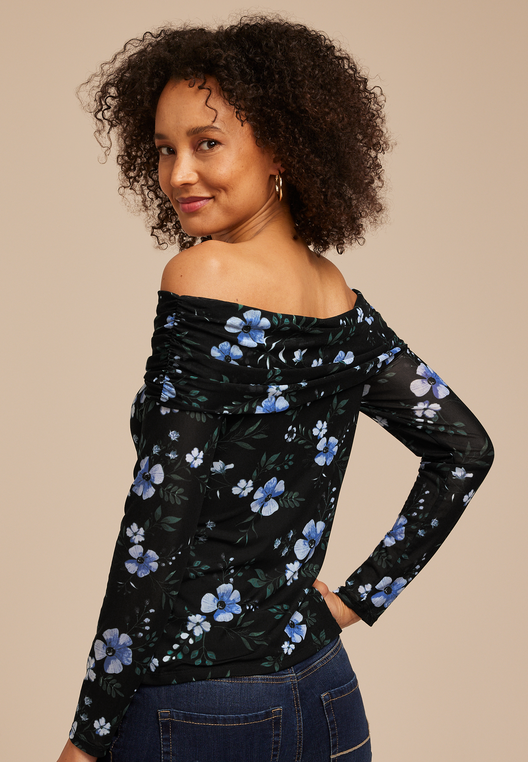 Floral Mesh Off Shoulder Long Sleeve Top, C1524, large
