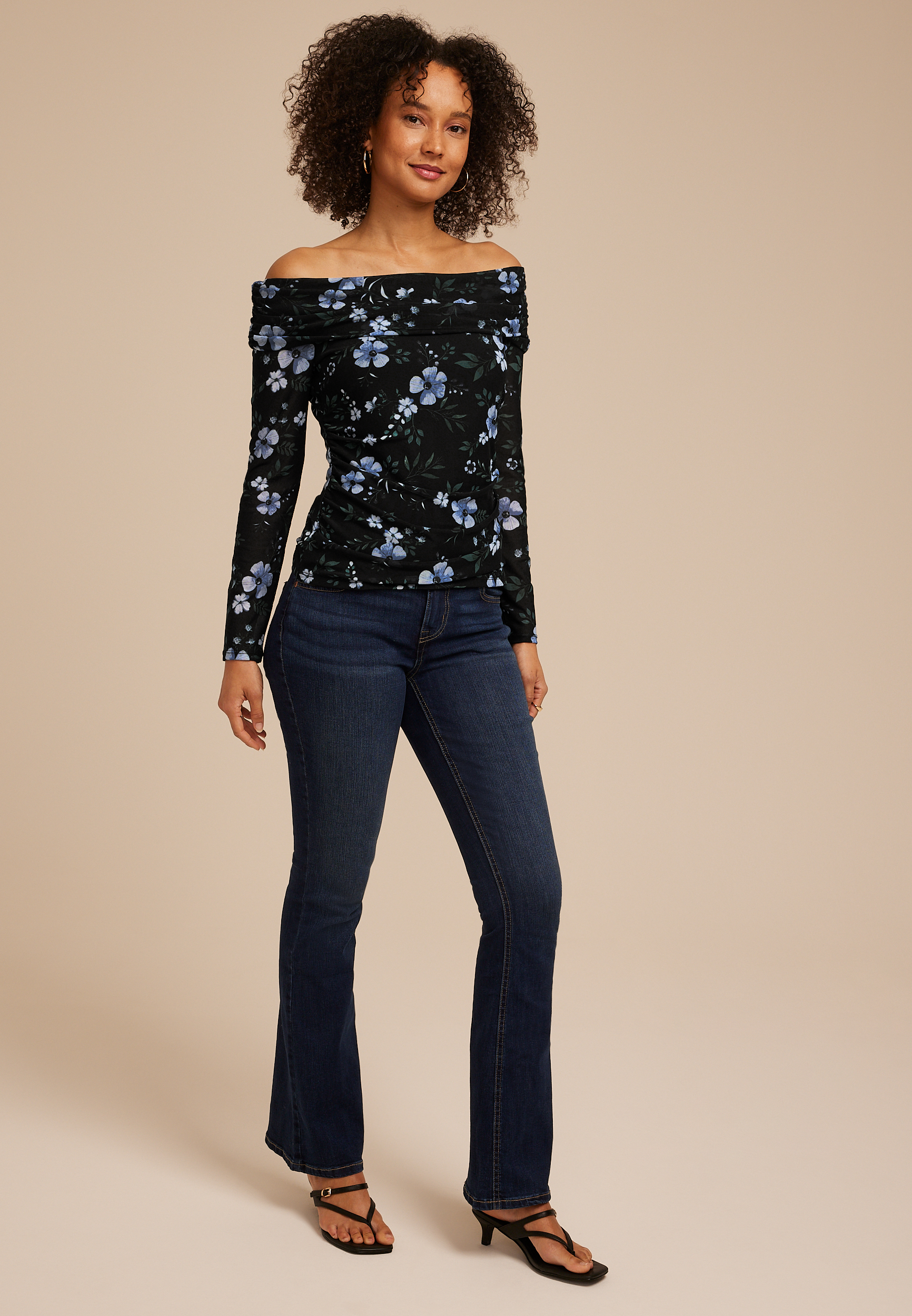 Floral Mesh Off Shoulder Long Sleeve Top, C1524, large