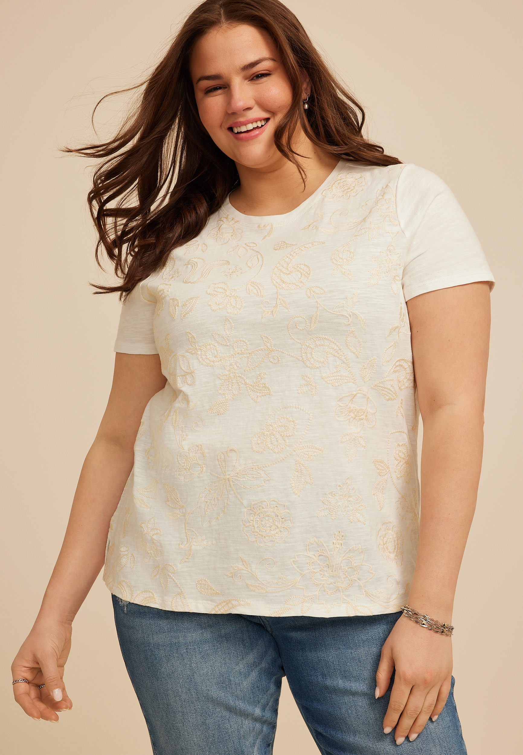Plus Size Embroidered Front Short Sleeve Tee