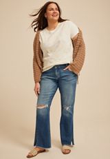 Plus Size Embroidered Front Short Sleeve Tee, C223, small
