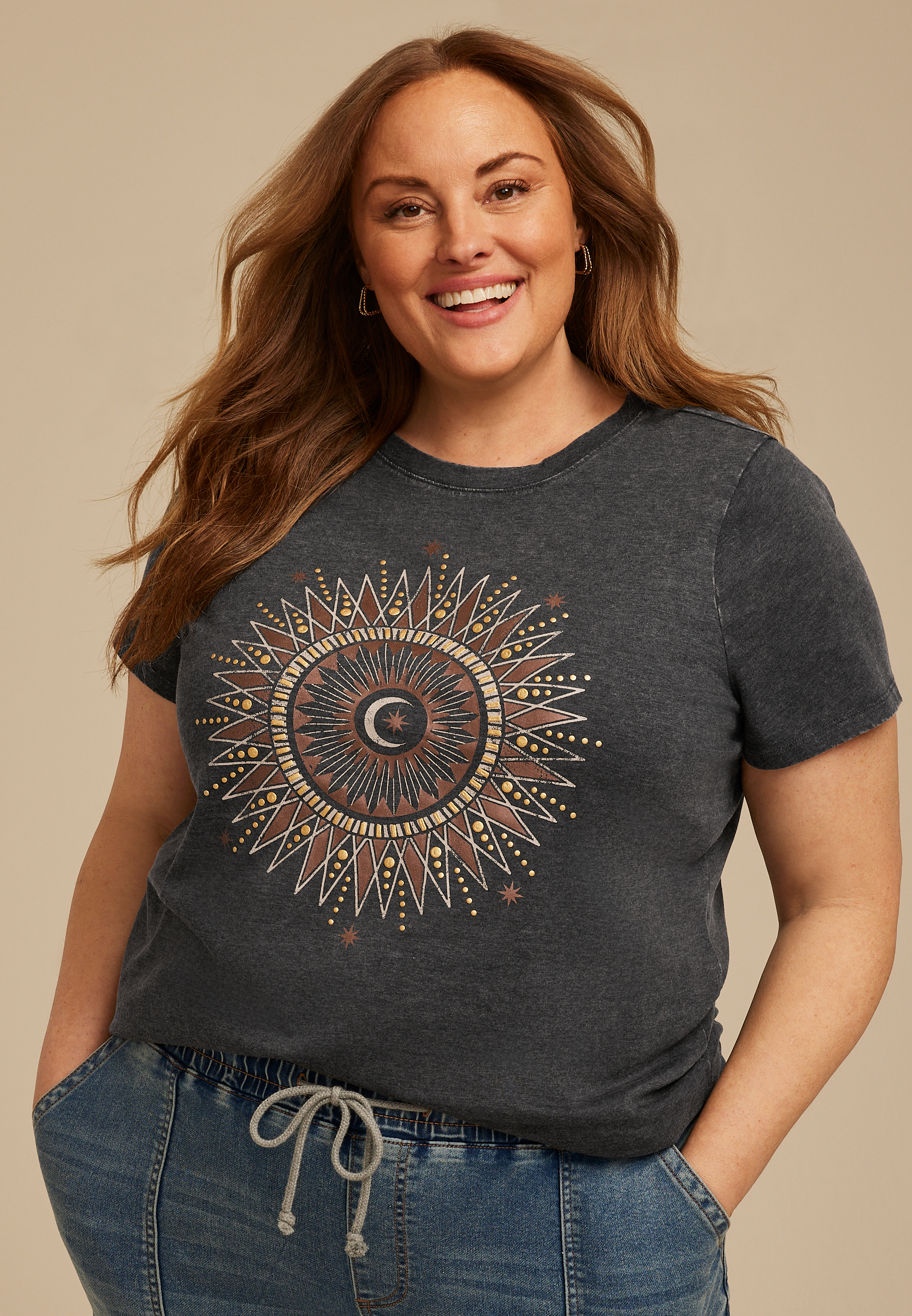 Plus Size Celestial Sun And Moon Classic Fit Graphic Tee 
