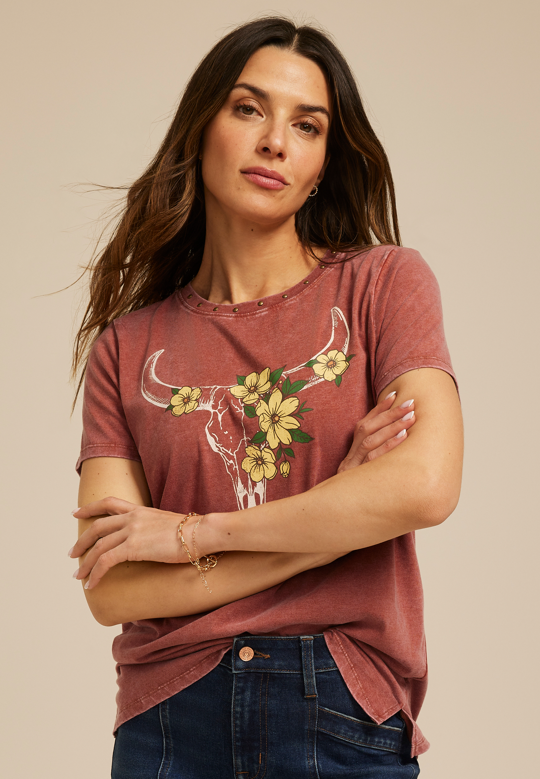 Studded Floral Longhorn Classic Fit Graphic Tee, C9083, large