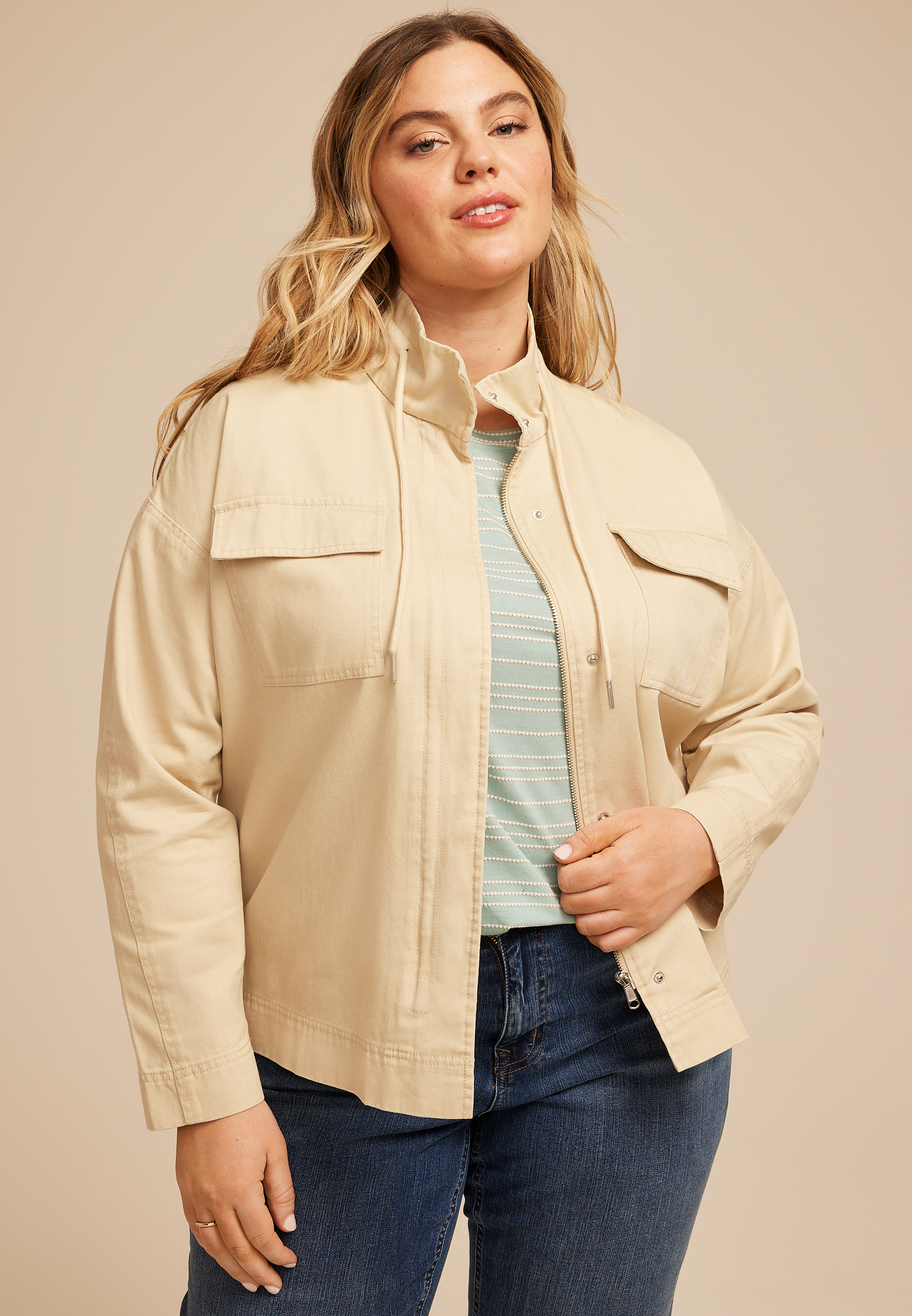 Plus Size Tan Canvas Utility Jacket