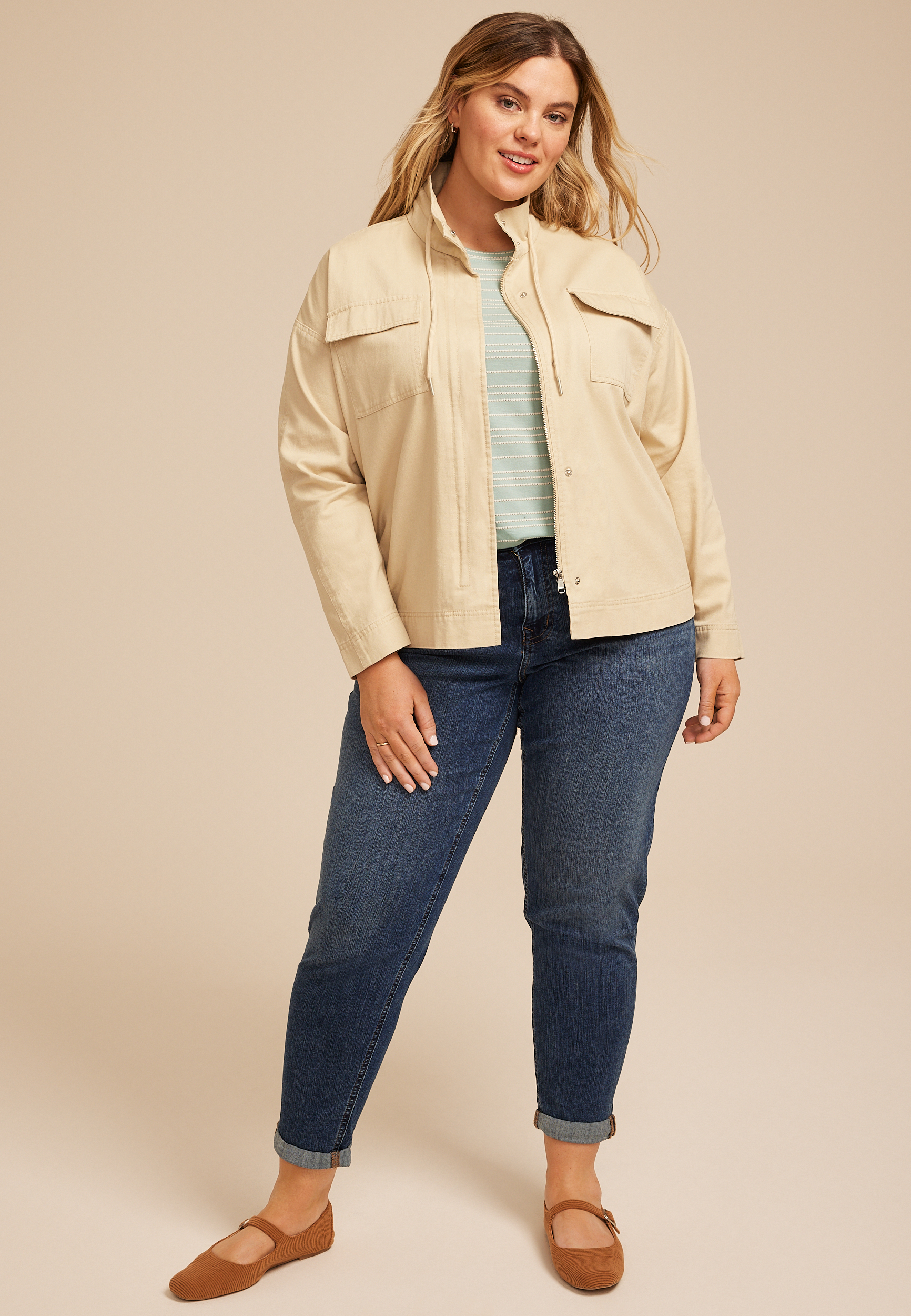Plus Size Tan Canvas Utility Jacket, C210, large