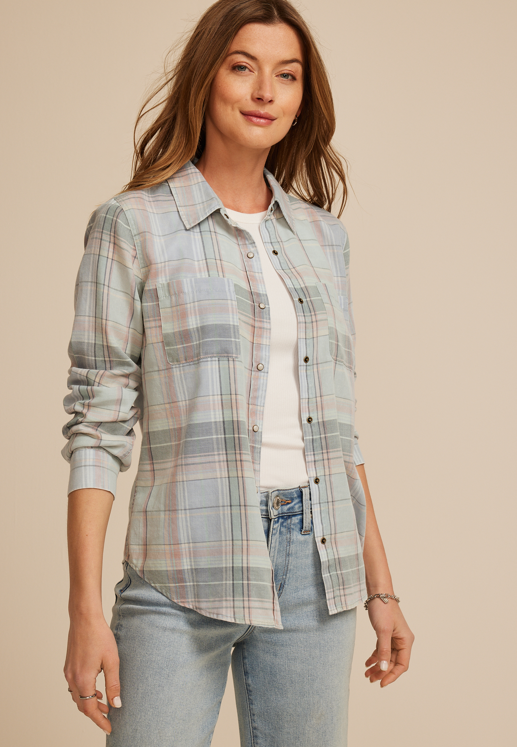 Washed Plaid Button Down Shirt