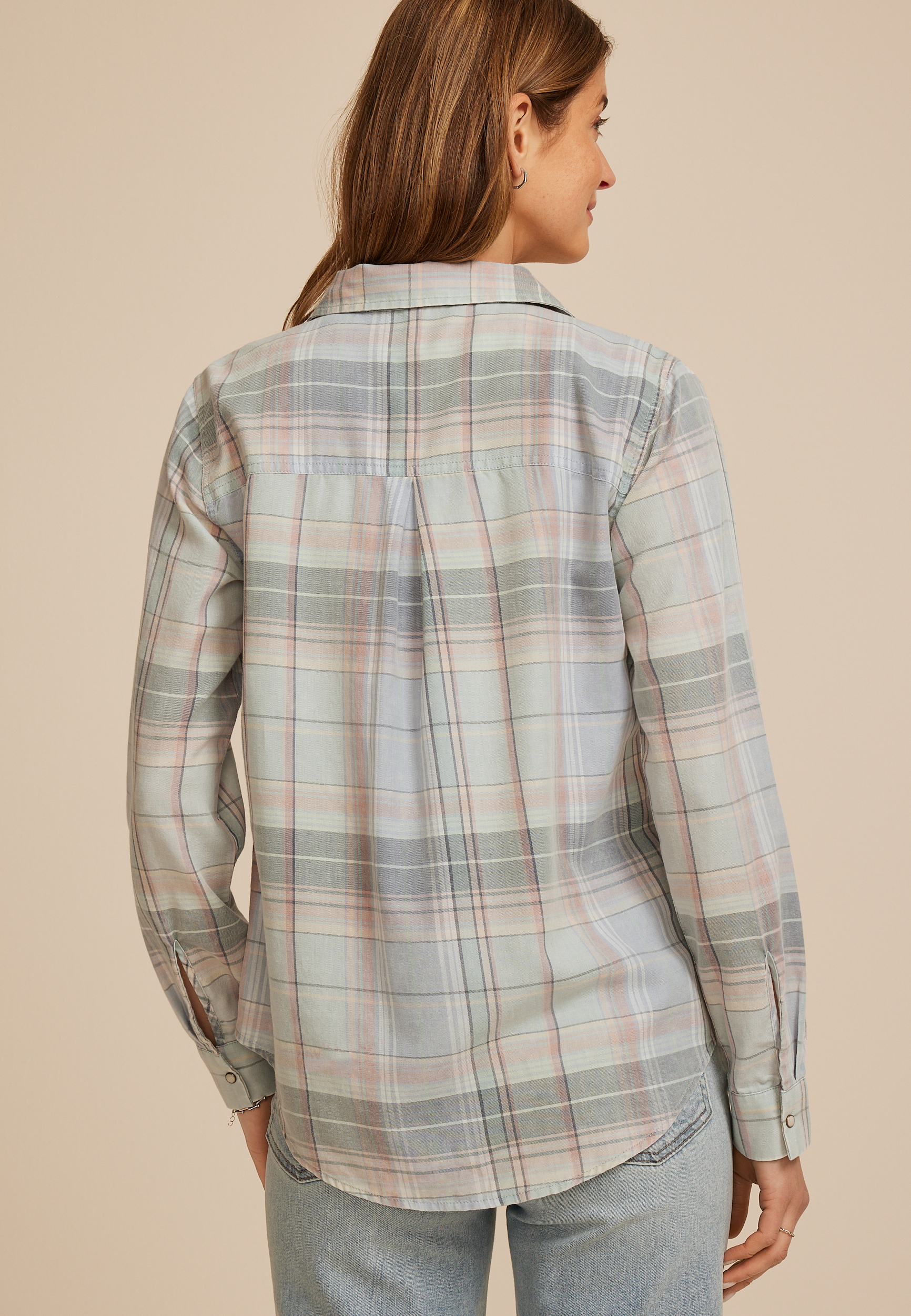 Washed Plaid Button Down Shirt, C5030, large