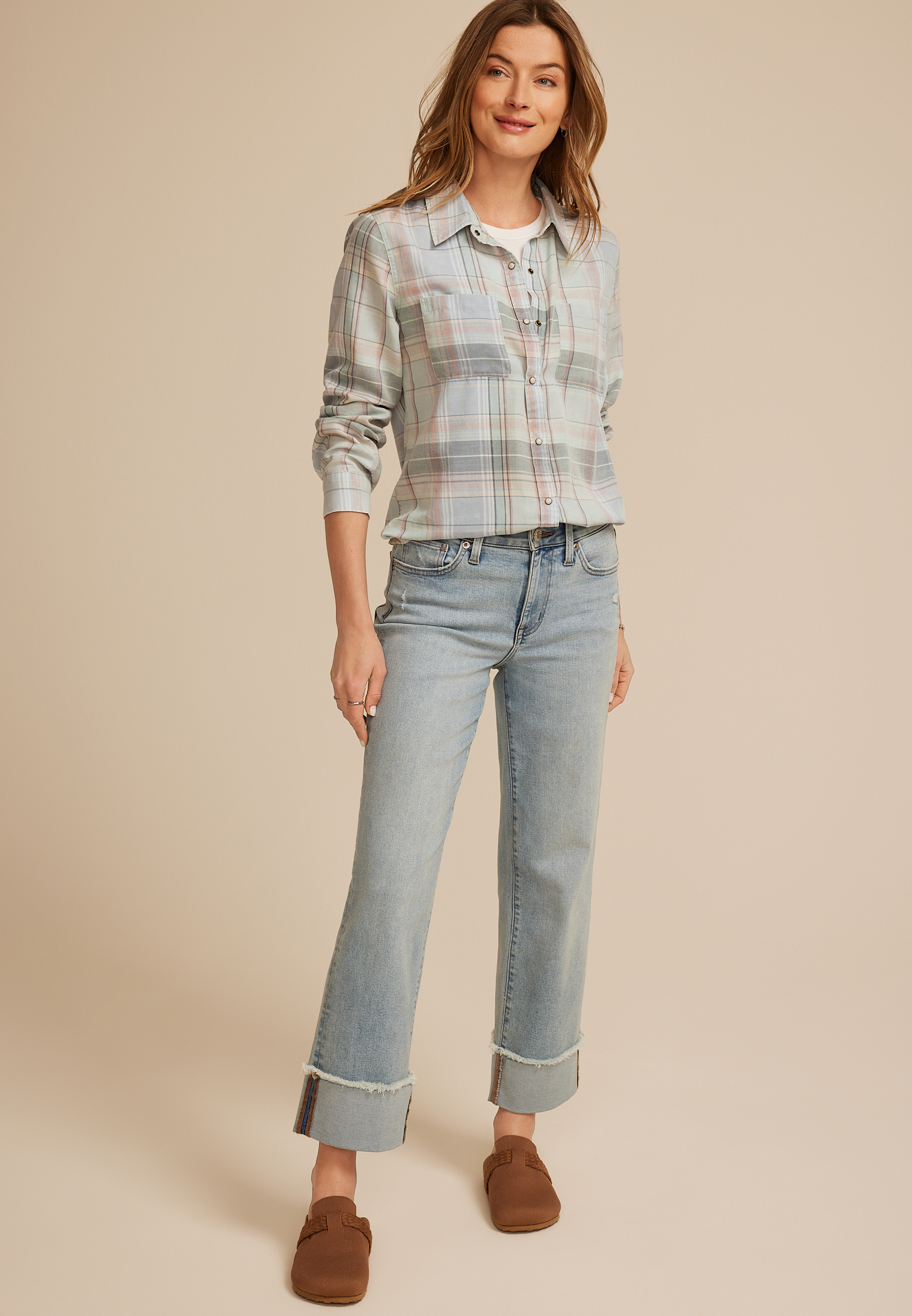 Washed Plaid Button Down Shirt, C5030, large