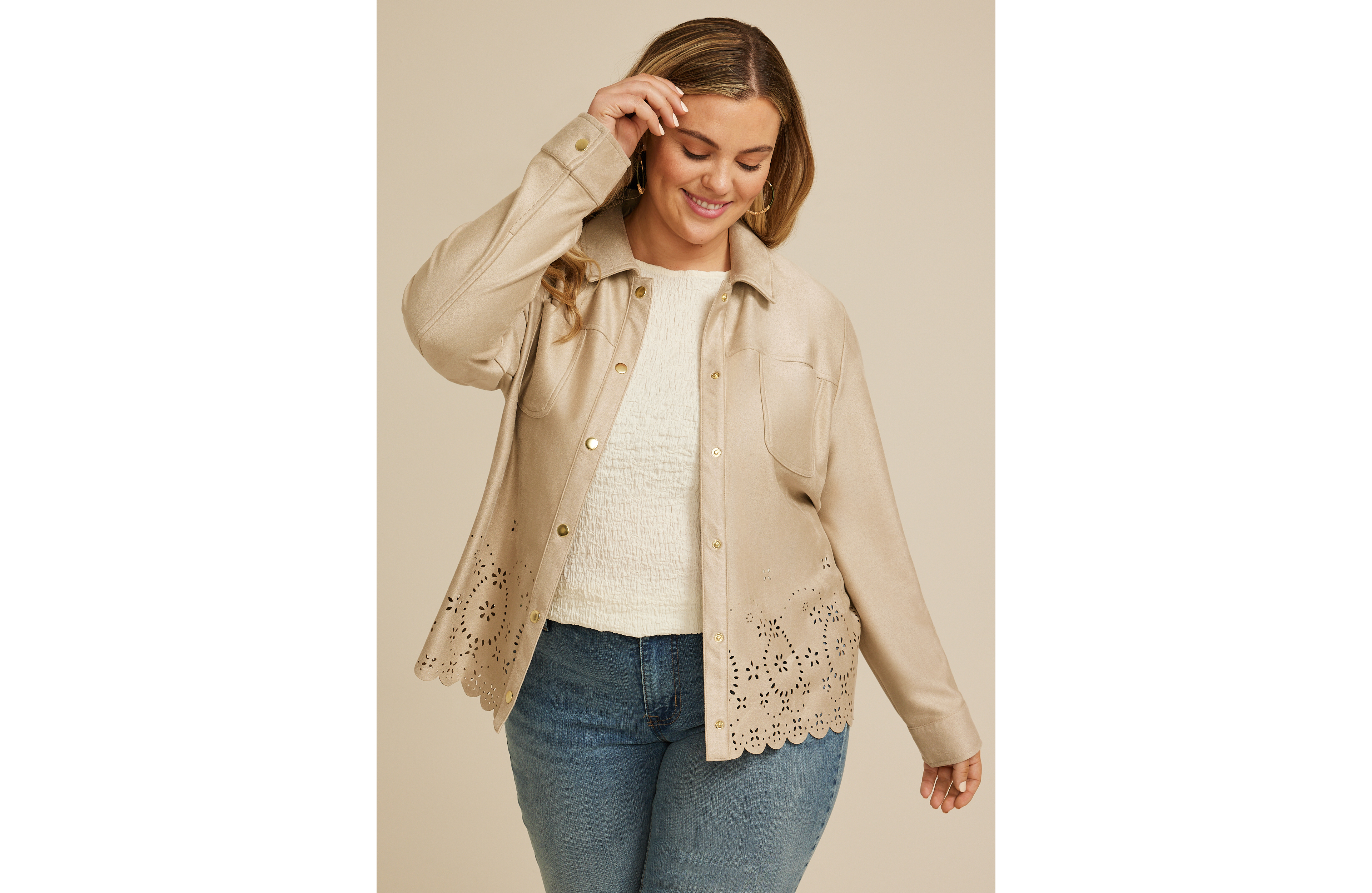 Plus Faux Suede Scallop Hem Jacket