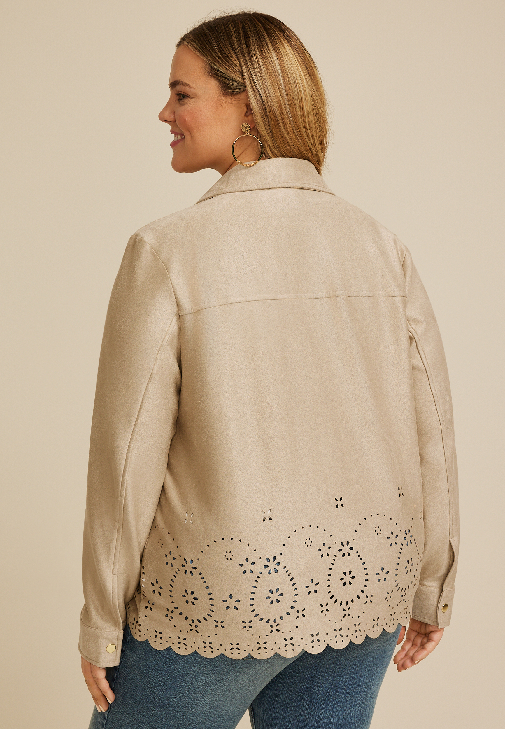 Plus Size Faux Suede Scallop Hem Jacket, C210, large