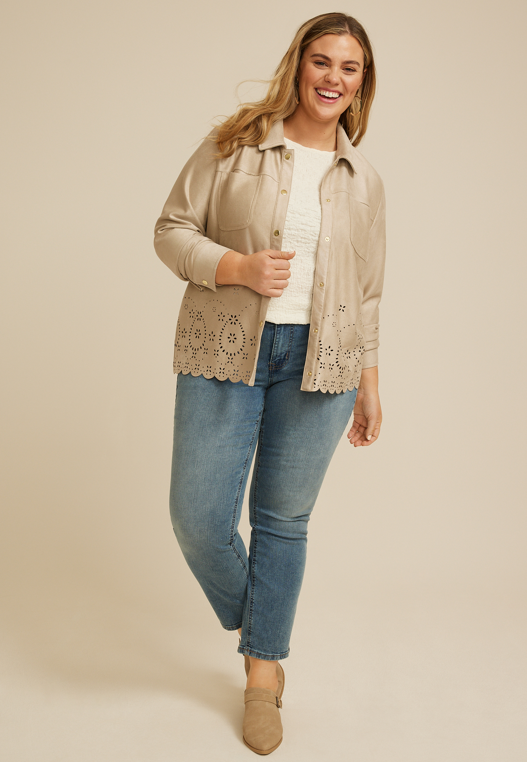 Plus Size Faux Suede Scallop Hem Jacket, C210, large