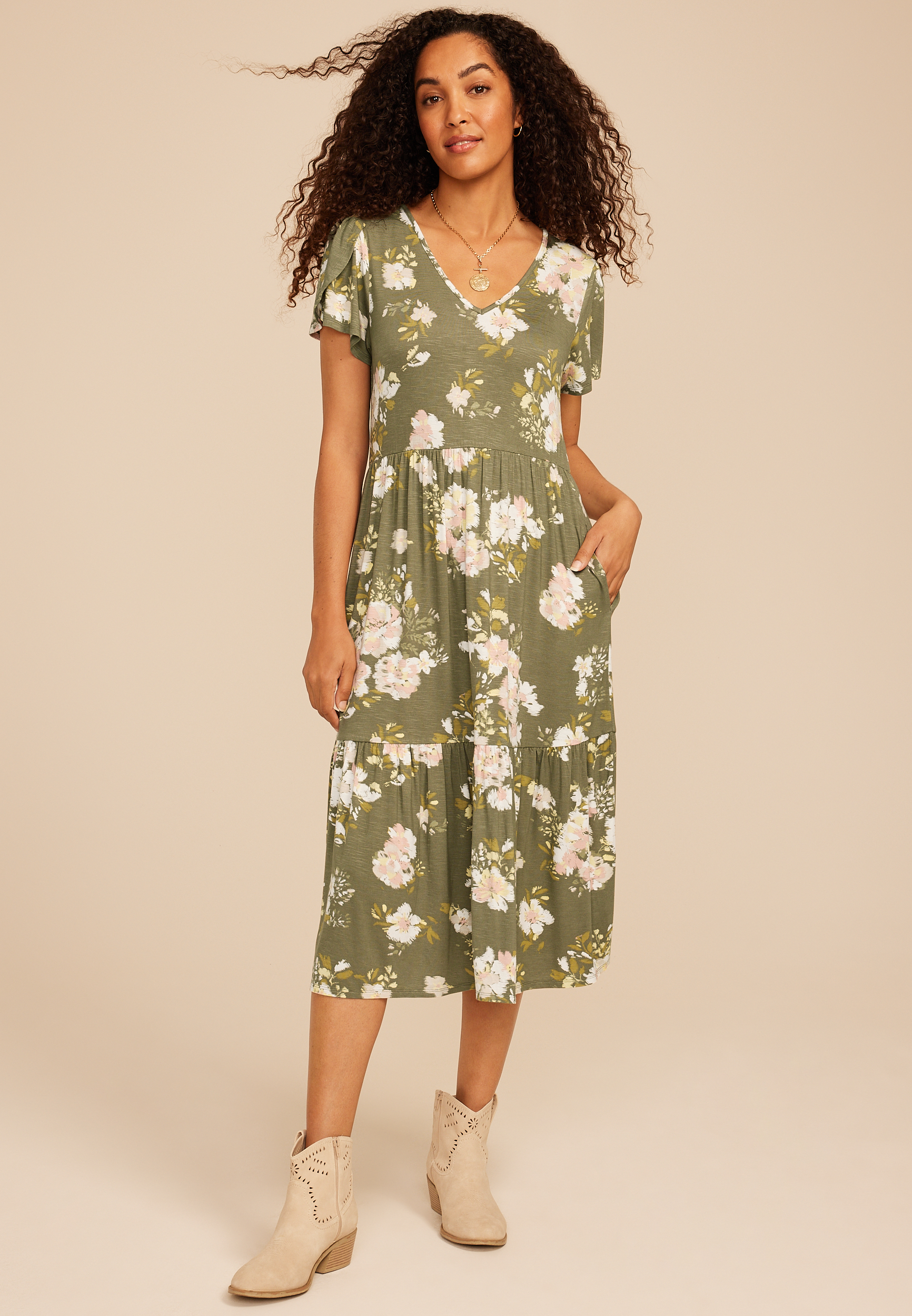 24/7 Floral Tulip Sleeve Midi Dress
