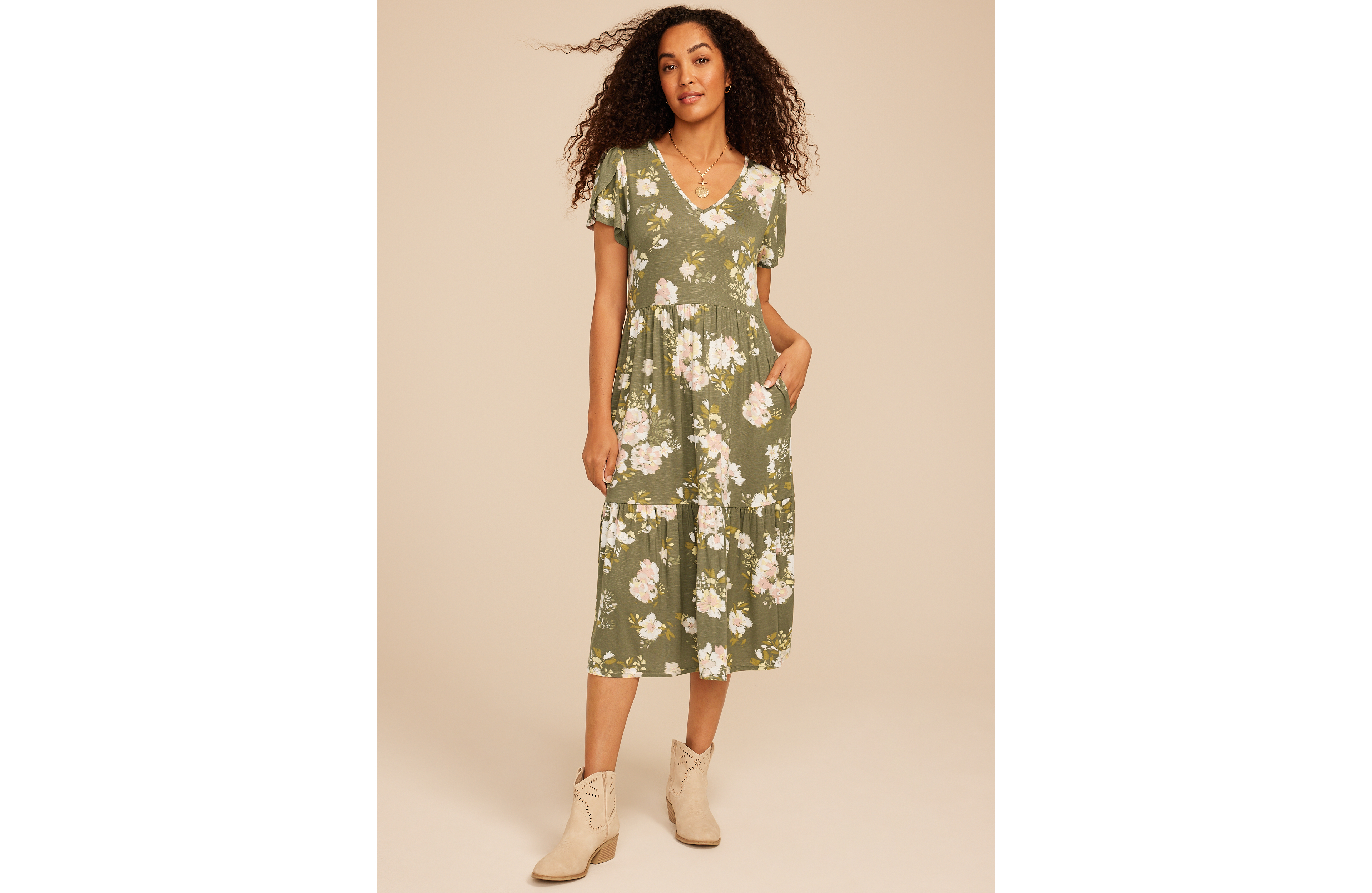 24/7 Floral Tulip Sleeve Midi Dress