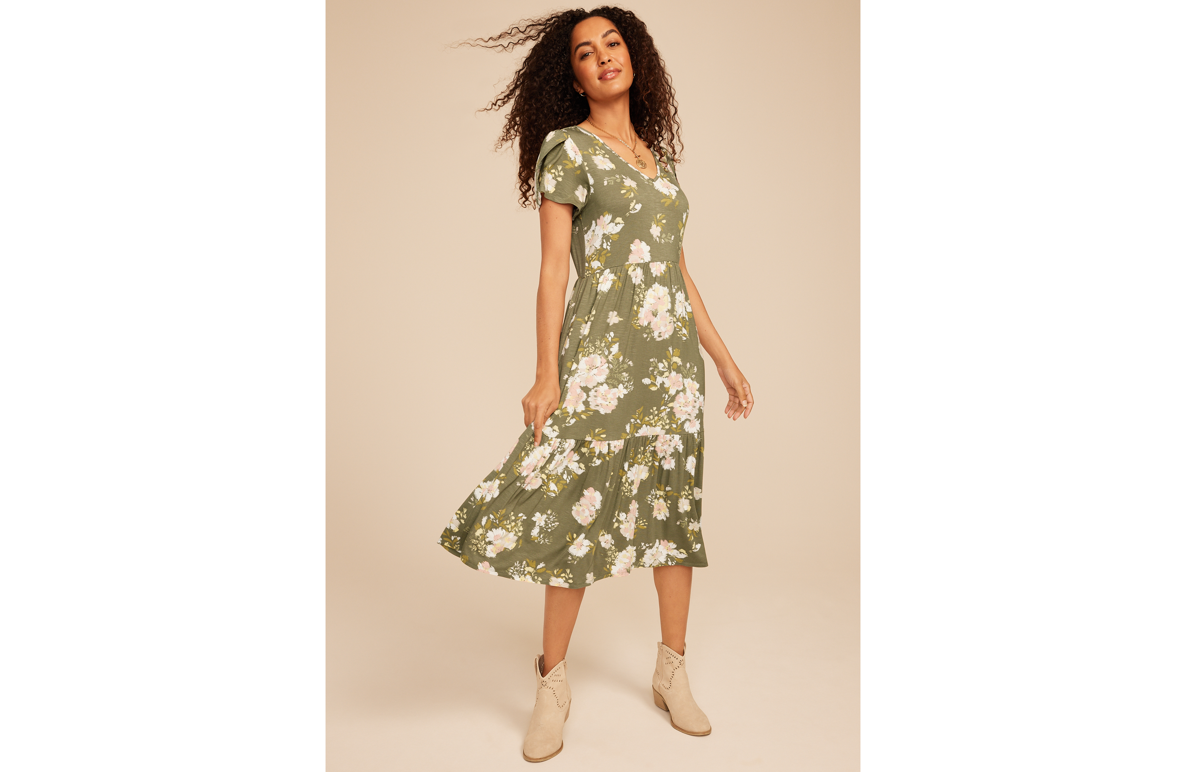 24/7 Floral Tulip Sleeve Midi Dress