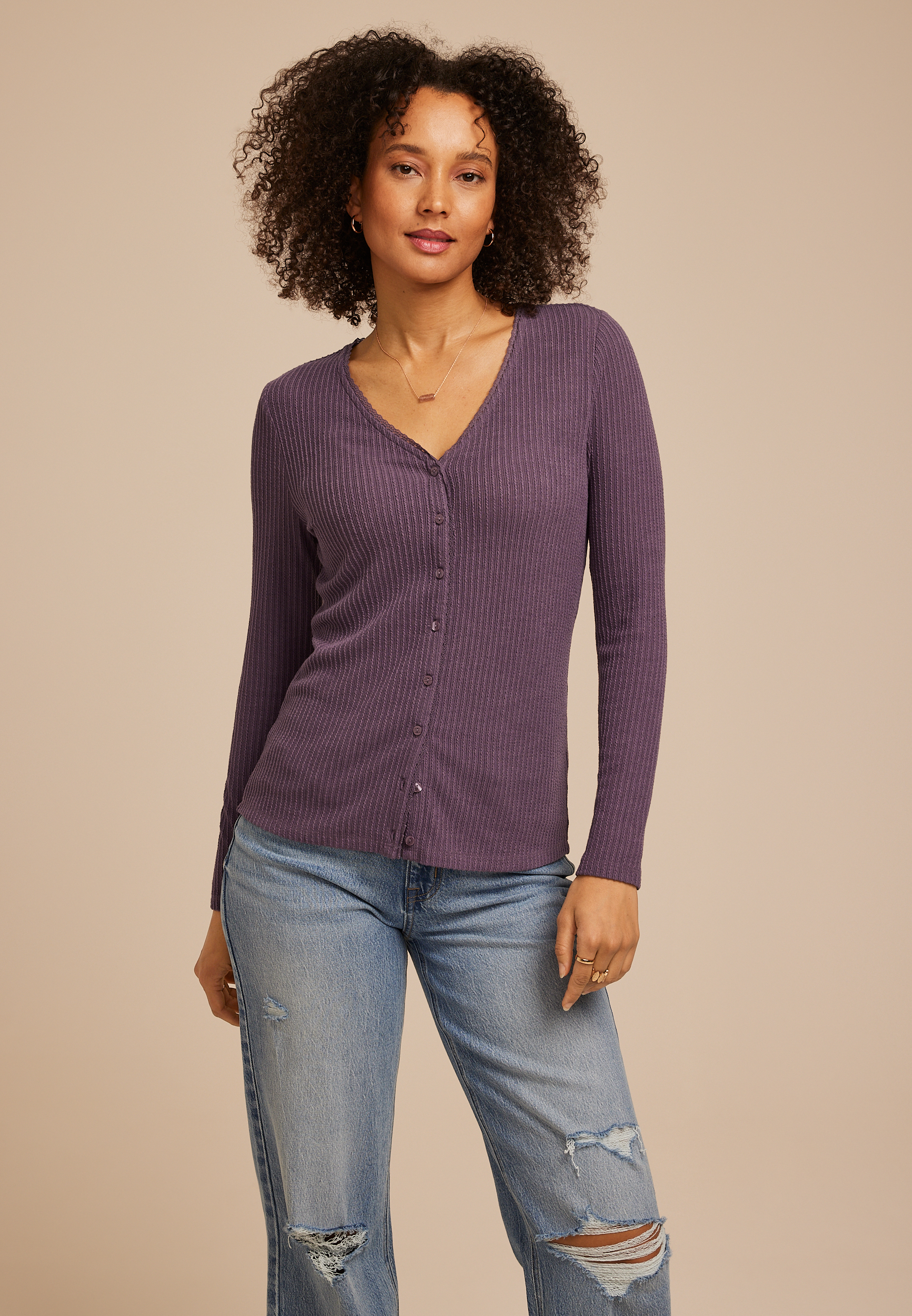 Ribbed Lace Trim Button Front Top