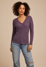 Ribbed Lace Trim Button Front Top, BLACK PLUM, small