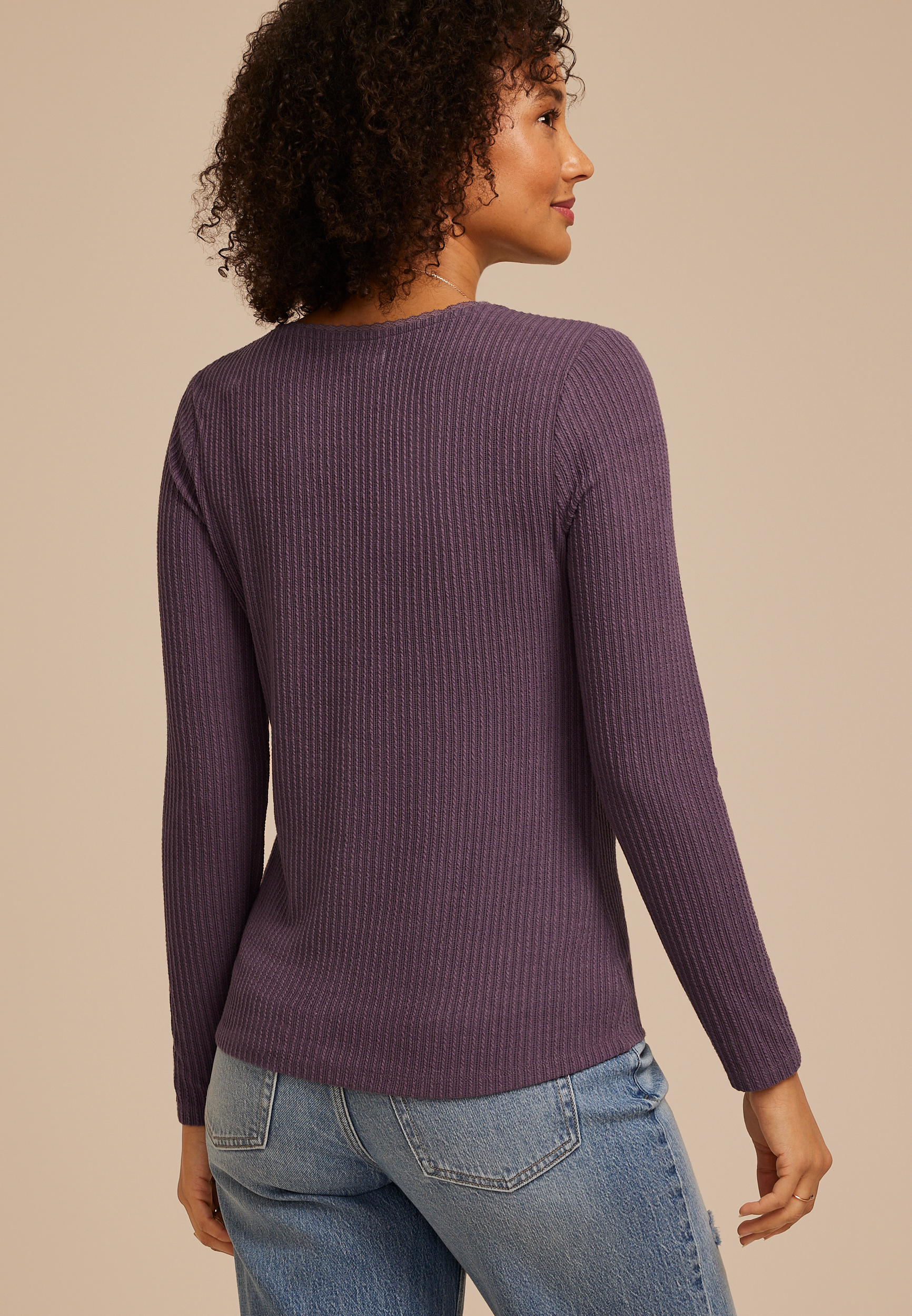 Ribbed Lace Trim Button Front Top, BLACK PLUM, large