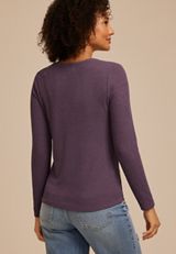 Ribbed Lace Trim Button Front Top, BLACK PLUM, small