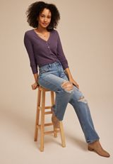 Ribbed Lace Trim Button Front Top, BLACK PLUM, small