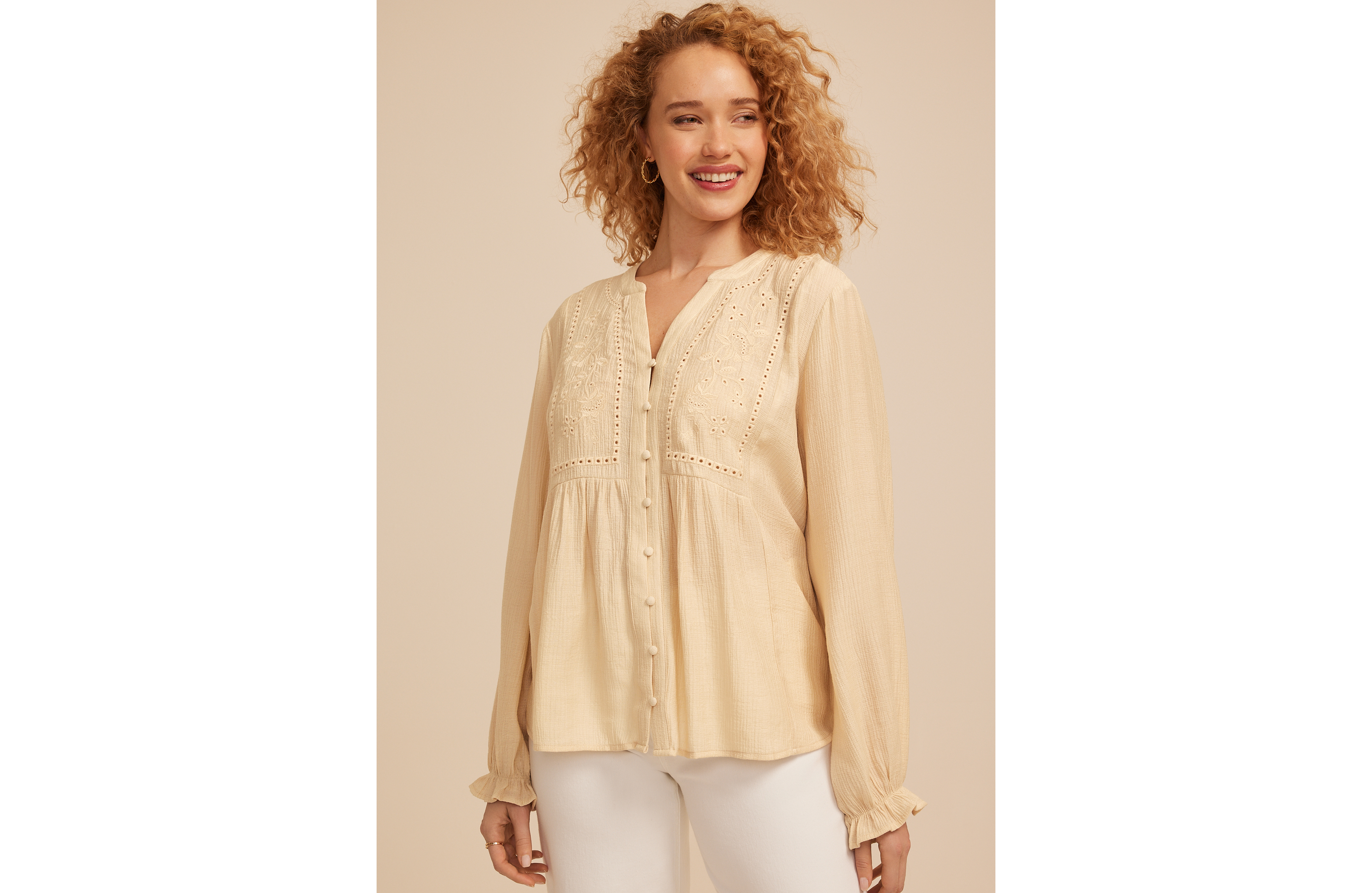 Embroidered Eyelet Trim Button Front Blouse