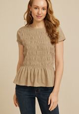 Smocked Peplum Top, KHAKI, small