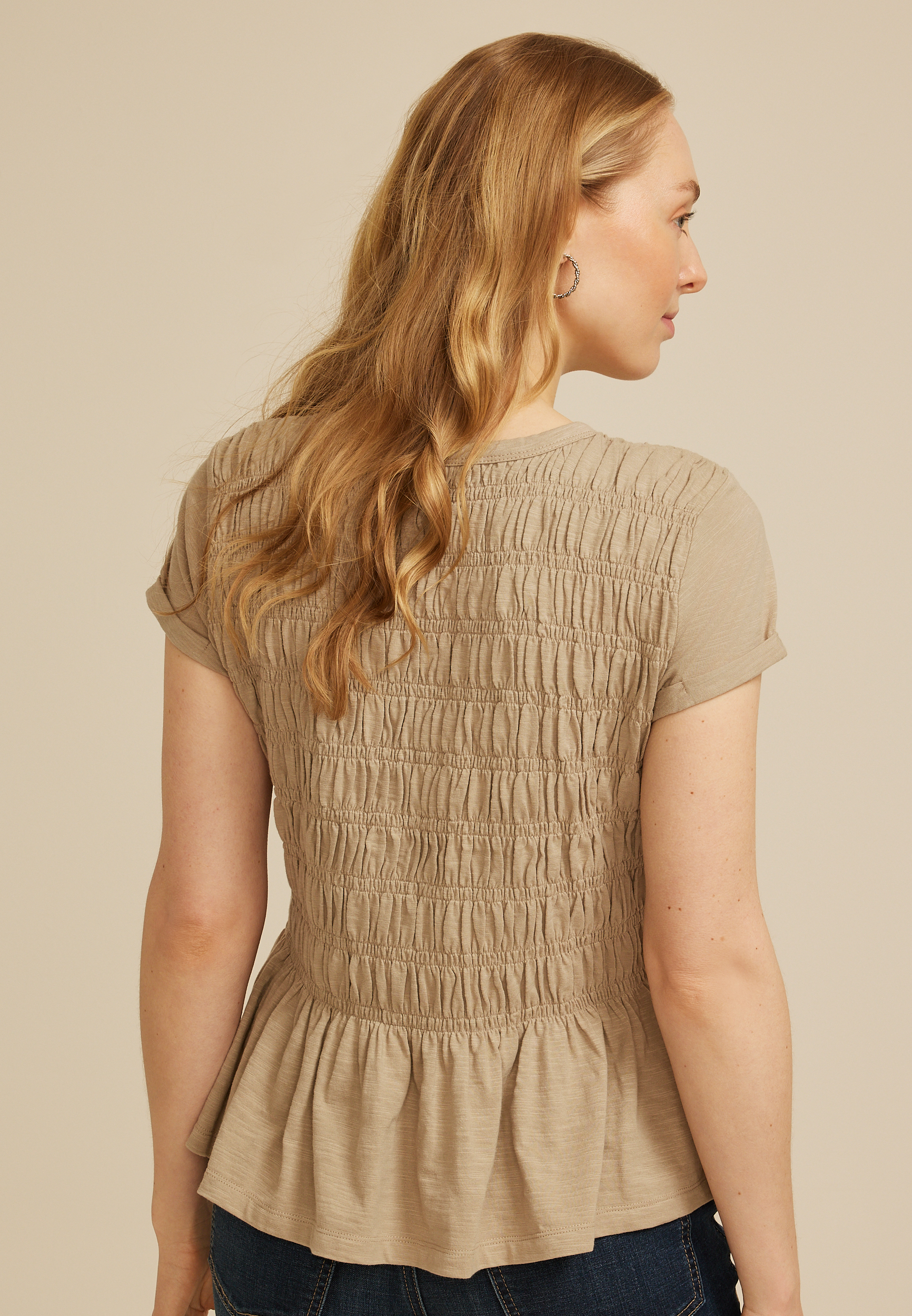 Smocked Peplum Top, KHAKI, large
