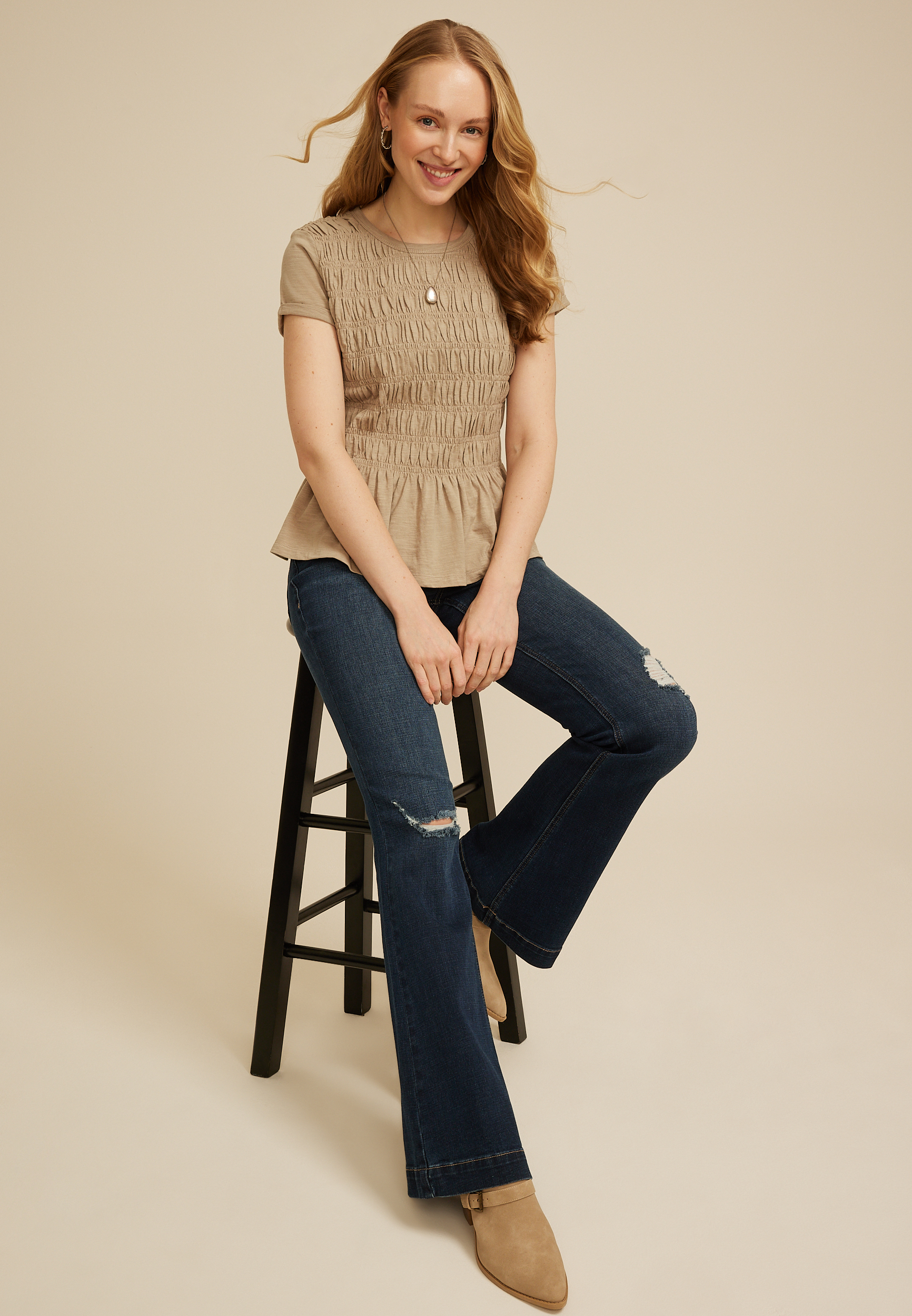 Smocked Peplum Top, KHAKI, large